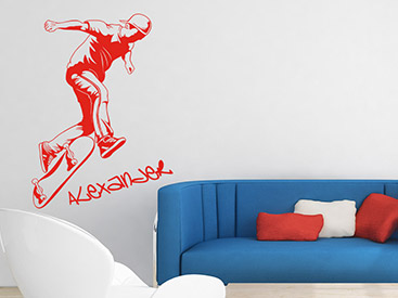 Cooler Wandtattoo Skater mit Wunschname in rot