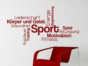 Sport Begriffe als modernes Wandtattoo in rot mit coolem Schriftbild